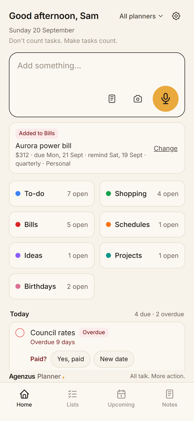 Agenzus Home screen with a bill just filed